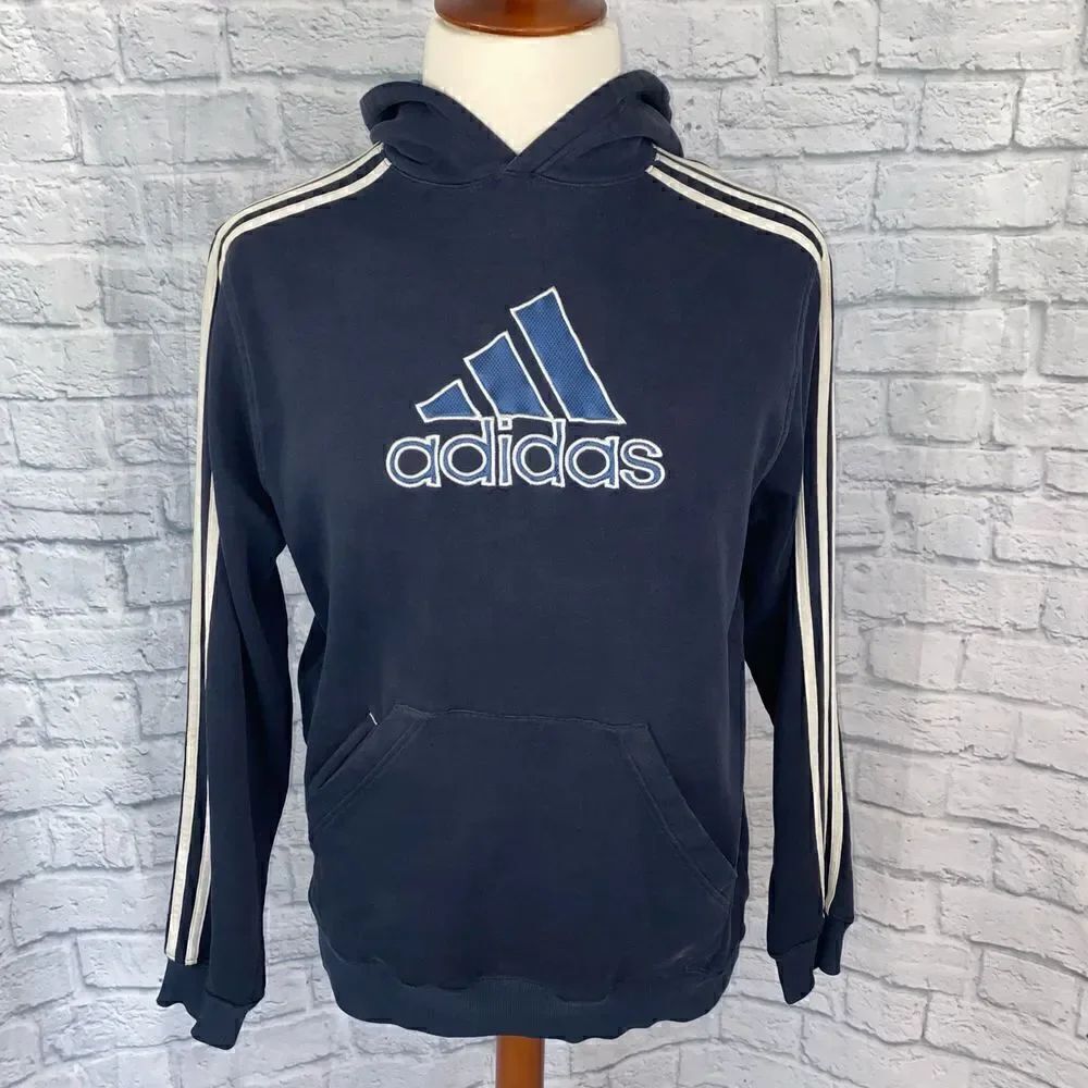 Adidas classic cotton blend pullover hoodie early 2000’s navy blue & white XL